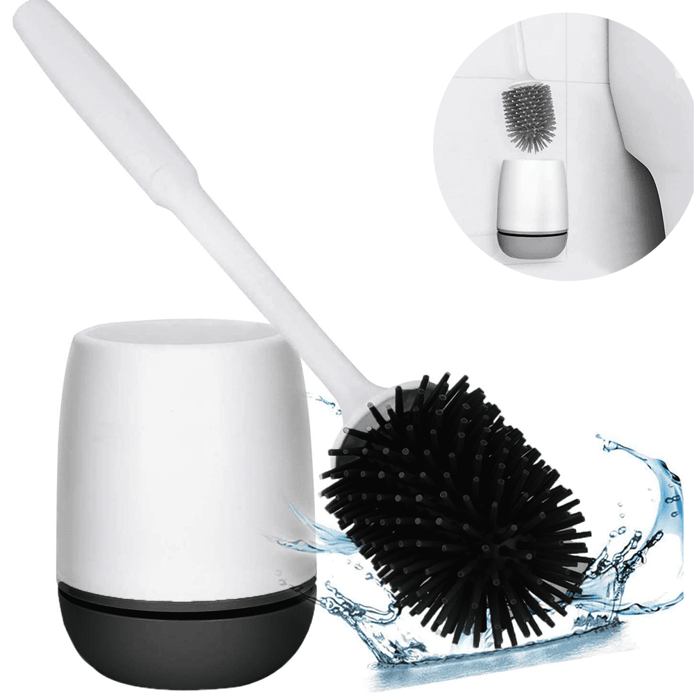 Silicone Flexible Bathroom Toilet Bowl Cleaner Scrubber Set for Deep Toilet Gap Cleaning White with Non-slip Handle & Soft Brushes Bristles & Quick-Drying Holder & Hook Toilet Brush With Holder 