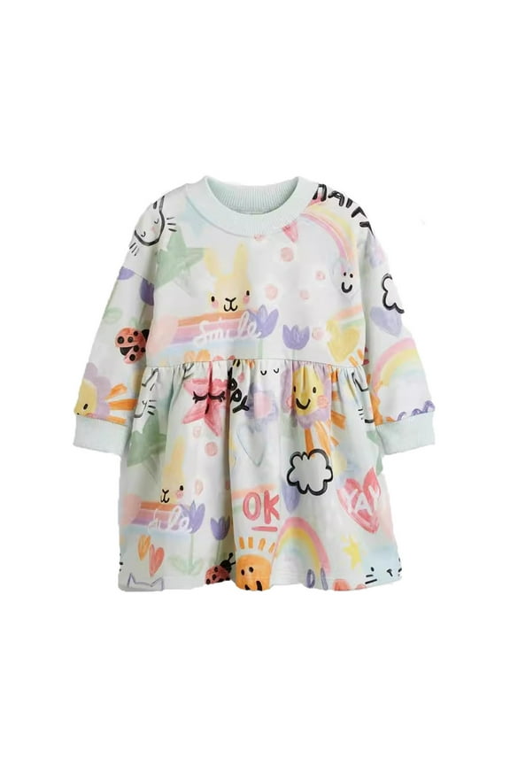 Girls Dresses Crew Neck Cute Graffiti Pattern Print Long Sleeve Casual Sundress Creative Fashion Daily School Daywear Wardrobe