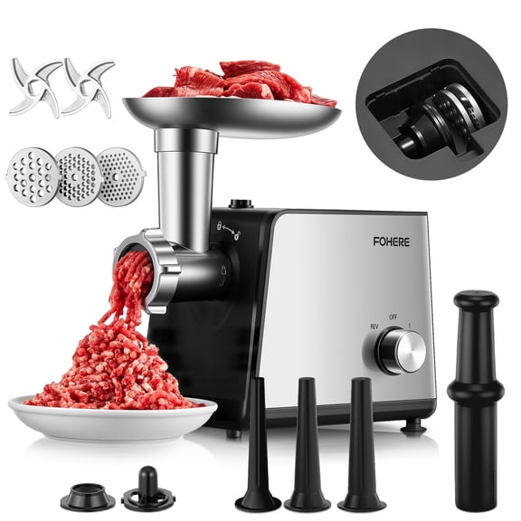 FOHERE Electric Meat Grinder Heavy Duty 3200W Max Stainless Steel with Blades, Plates, Sausage Tubes & Kubbe Kit for Home Use