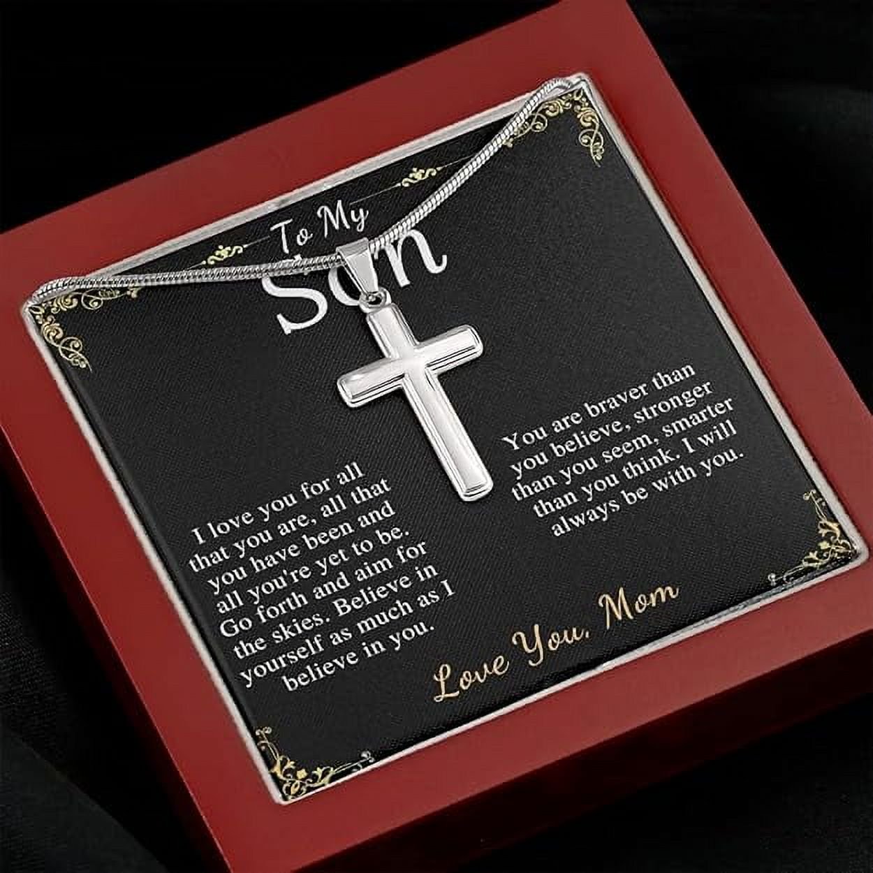 Cross Necklace Gift For Son, Christmas Gift For Son From Mom, To My Son Graduation Present Stainless Steel Snack Chain Cross Necklace with Message Card