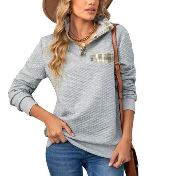 Sudadera Con Cuello De Solapa Con Botones Para Mujer, Color Puro, Versátil Para Combinar, Blusa De Mujer De Fibra De Poliéster Gris Lavable A Máquina Para Trabajar En El Hogar ANGGREK No