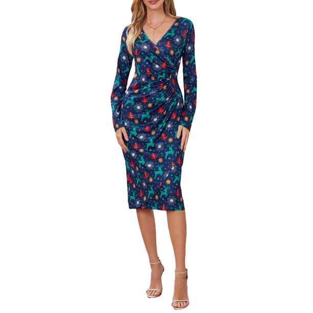 Vestido con estampado navideño para mujer Vestido de fiesta de año nuevo elegante y ajustado Kuymtek Azul T XL para Mujer
