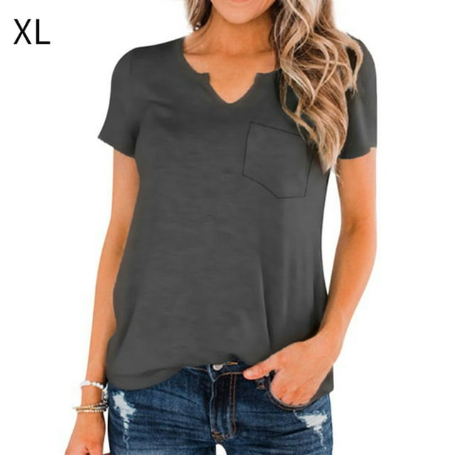 Camiseta Mujer Camiseta De Algodón Con Cuello En V Camiseta De Manga Corta De Color Sólido, Gris, XL AweSitey AP001699-07