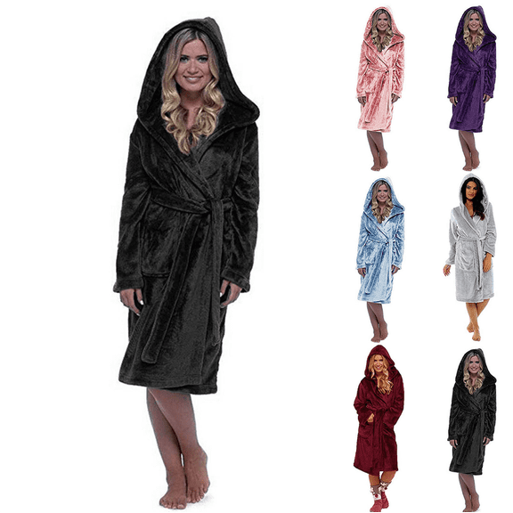 Women's Plus Size Robes Plush Fleece Hooded Long Bathrobe Thick Fluffy Nightgown Warm Comfy Housecoat with Pockets Sleepwea