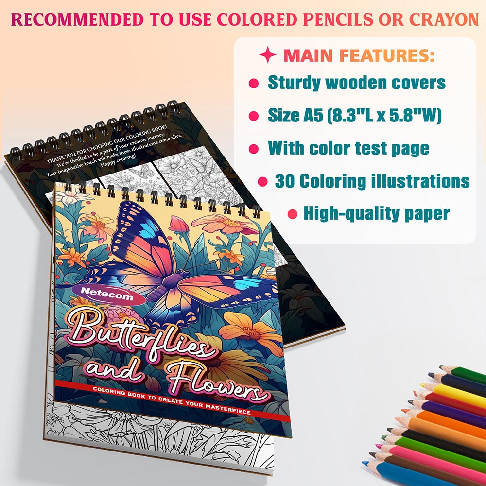 Netecom Butterflies and Flowers Coloring Book Spiral Bound For Adults, A5 Wooden Cover, 30 Enchanting Coloring Pages of Delicate Butterflies and Beautiful Blossoms for Stress Relief and Relaxation