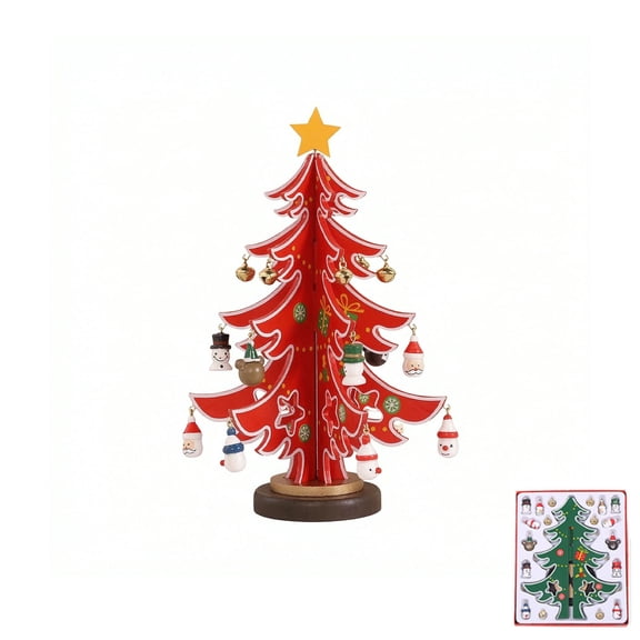 DIY Wooden Christmas Tree Ornament Set, Build‑Your‑Own Tabletop Mini Xmas Tree with Star Topper Base Hanging Charms for Home Desk Party Decor
