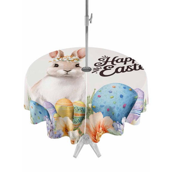 Happy Easter Outdoor Tablecloth - 60 Inch Round Dining Table Cover, Spring Watercolor Bunny Eggs Flowers Beige Waterproof Outdoor Table Cloth with Umbrella Hole & Zipper for Picnic/Patio/Party