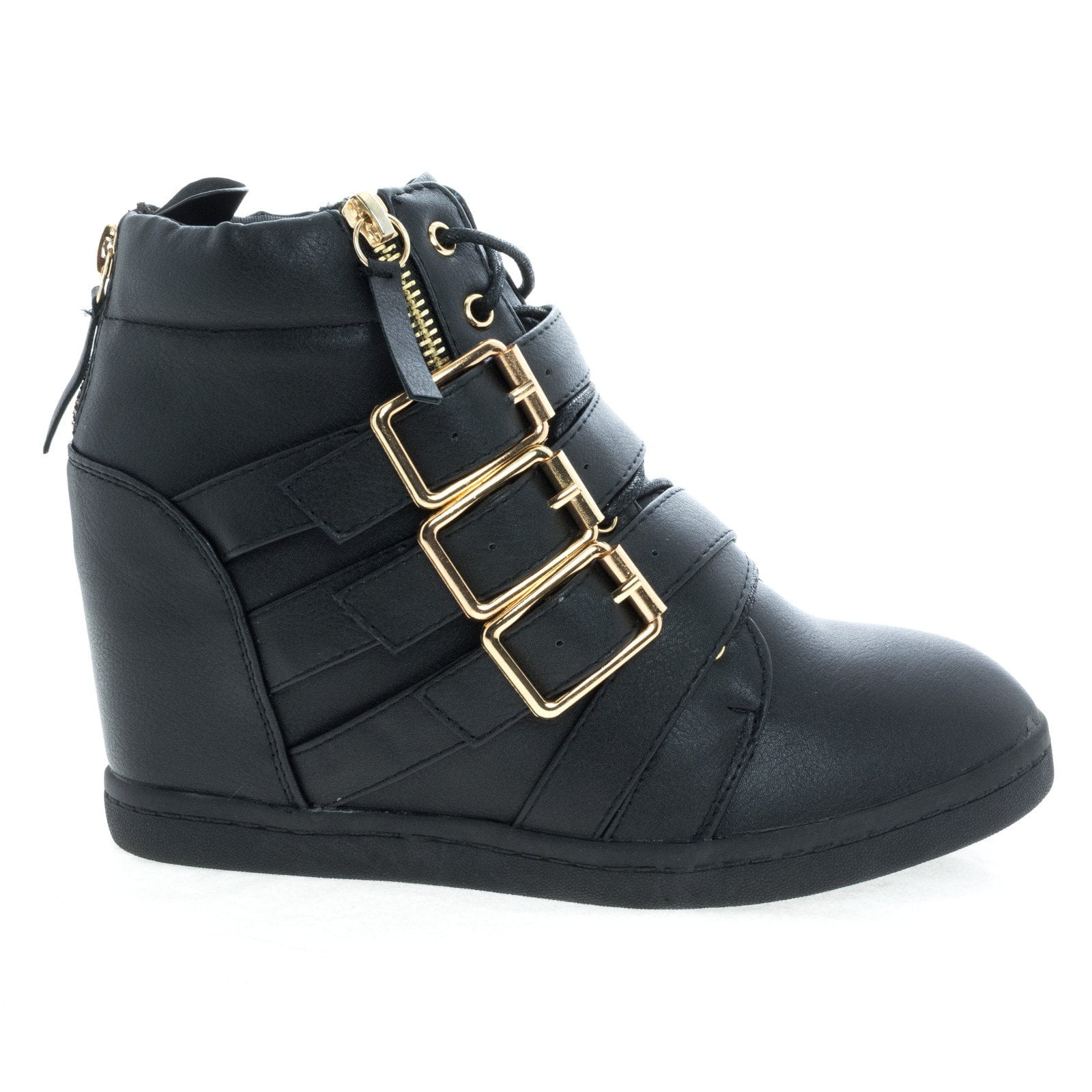 black wedge sneakers with black sole