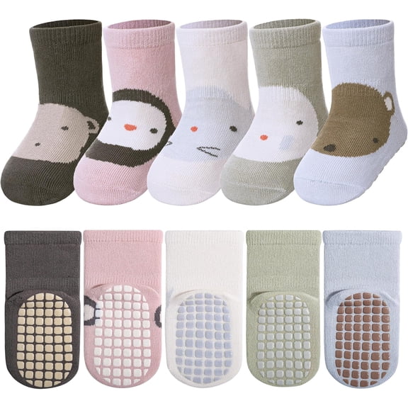 5 Pairs Toddler Non Slip Socks with Grips Baby Socks for Kids Girls Boys