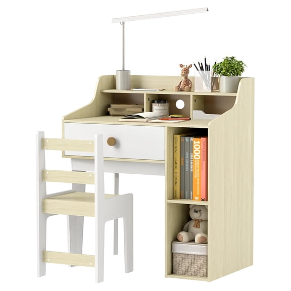 Kids Study Desk and Chair Set with Storage Shelves, Drawer for 3-10 Years, White$$Home Decor, Kitchen, & Other