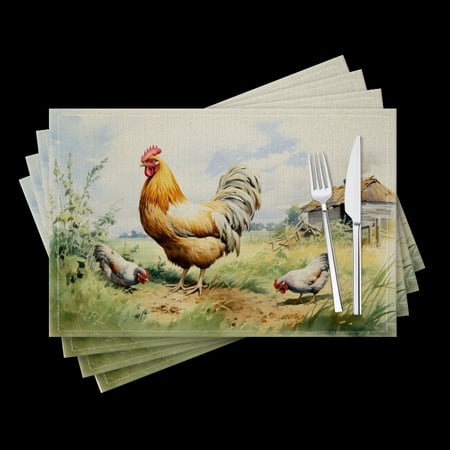 

BaHomeck placemats Set of 4 Rooster Standing On The Grass Cotton Linen rectangle Placemats for Kitchen Dining Table Indoor Outdoor 18*12inch