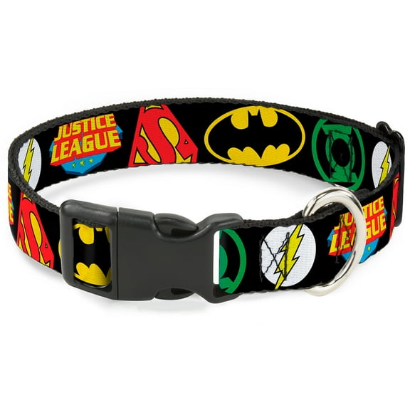 DC Comics Pet Collar, Dog Collar Plastic Buckle, Justice League Superhero Logos Close Up Black, 20 to 31 Inches 1.5 Inch Wide