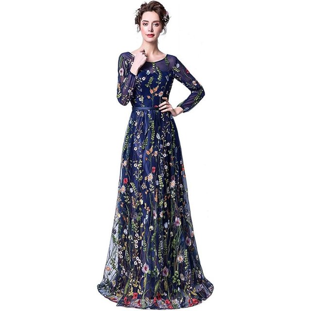 Honeydress Robe Maxi Brodée à Manches Longues pour Femmes