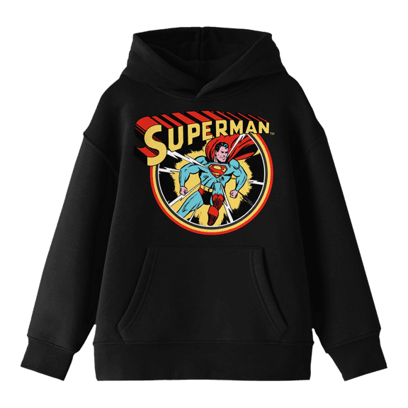 Bioworld Superman Core Vintage Comic Character Art & Logo Youth Black Graphic Hoodie-Medium