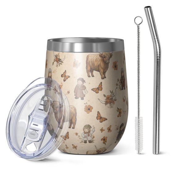 12oz Stemless Wine Tumblers Beige Highland Cow Figure Butterfly Pattern Vacuum Insulated Stainless Steel Travel Tumbler Cups Mug with Lid and Straw for Champaign,Cocktail,Beer with Cleaning Brush