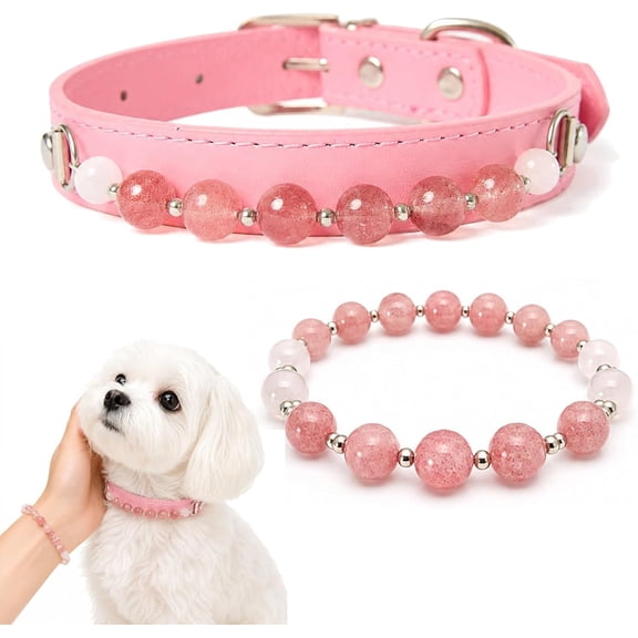 Crystal Beaded Dog Collar With Matching Elastic Owner Beaded Bracelet, Adjustable Soft Leather Hair Friendly Pet Gem Necklace, Daily Wear Loving Wishes For Pets(L)