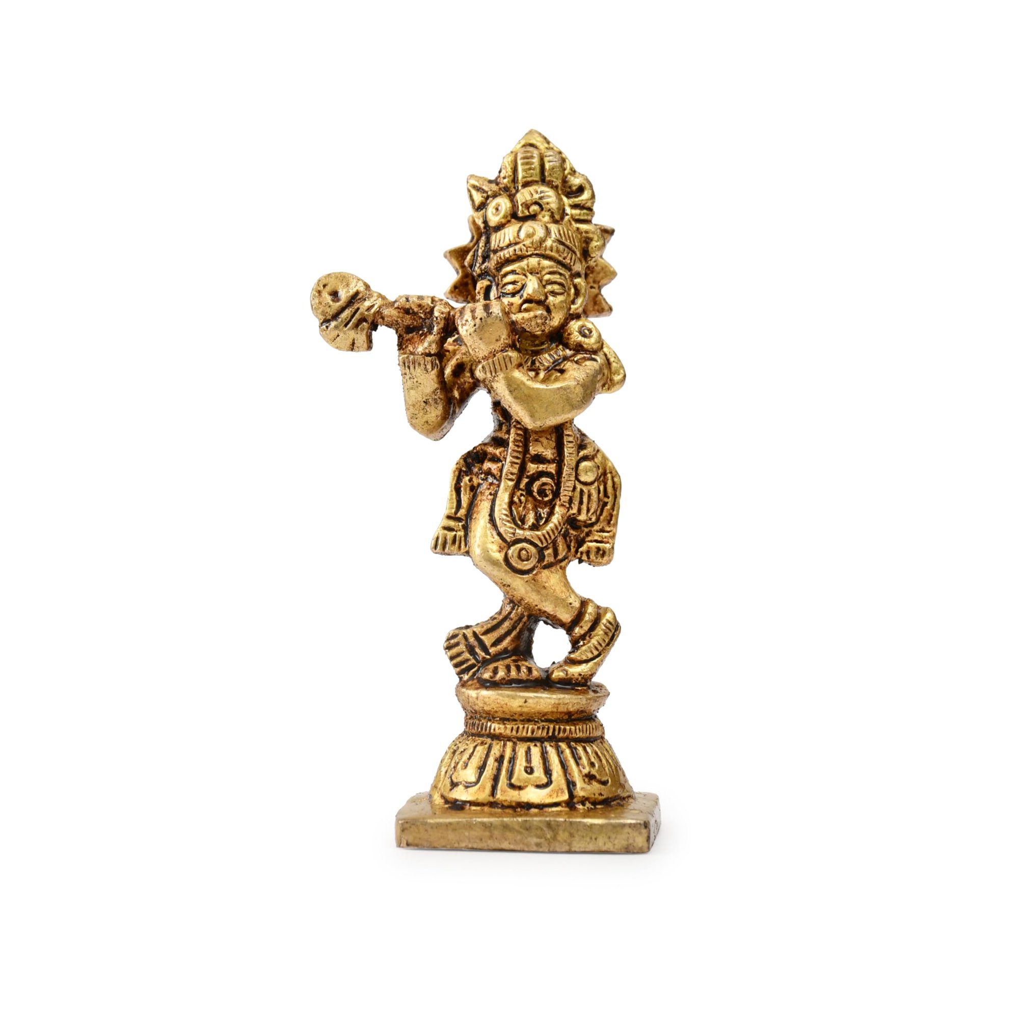 AARGKRAFT Brass Lord Krishna Statue | Handcrafted Indian Religious Thakur Ji Sculpture | Kanha Ji Murti Decorative Puja Figurine Idol for Home Shop Office Gifting Purpose (Golden-3 inch)