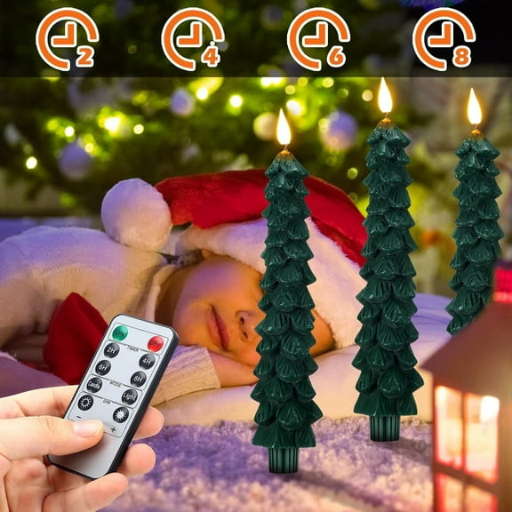 Gpaecead Christmas Tree Candles with Remote, 9.65 Inch Real Wax flameless taper candles, LED Candles Battery Operated with 3D Flickering Flame, Green Candlesticks Christmas Decor
