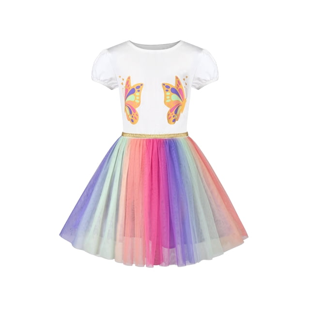Butterfly Vestido para Niña Cinturón Dorado Arcoíris Multicolor Tul Abullonado Princesa 7 Años