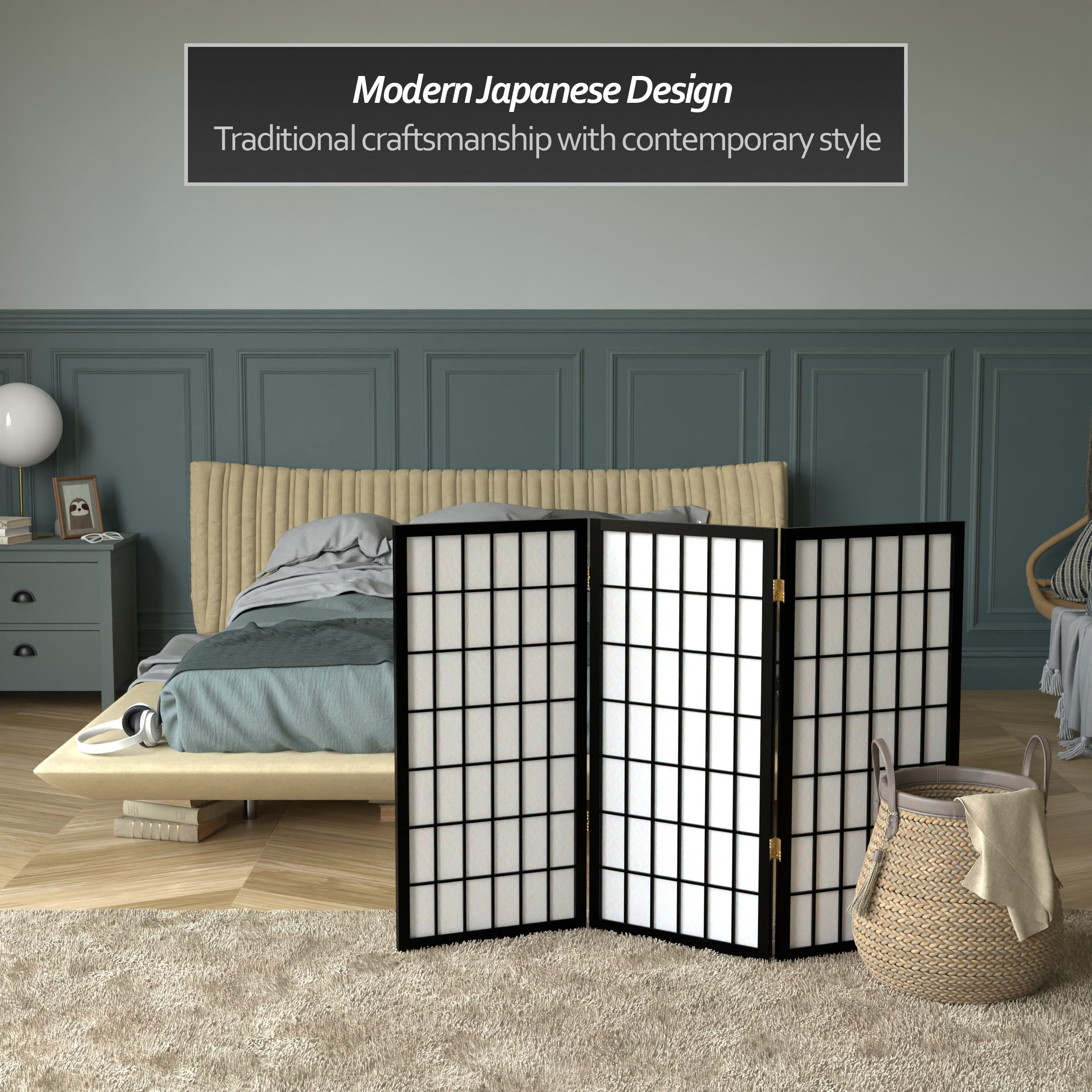 3 ft. Tall Classic Japanese Window Pane Lattice Privacy Screen - Black - 3 Panels