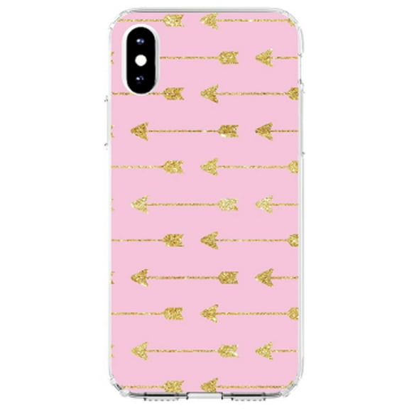 DistinctInk Clear Shockproof Hybrid Case for iPhone X / XS (5.8" Screen) - TPU Bumper, Acrylic Back, Tempered Glass Screen Protector - Pink & Gold Print - Arrows Pattern