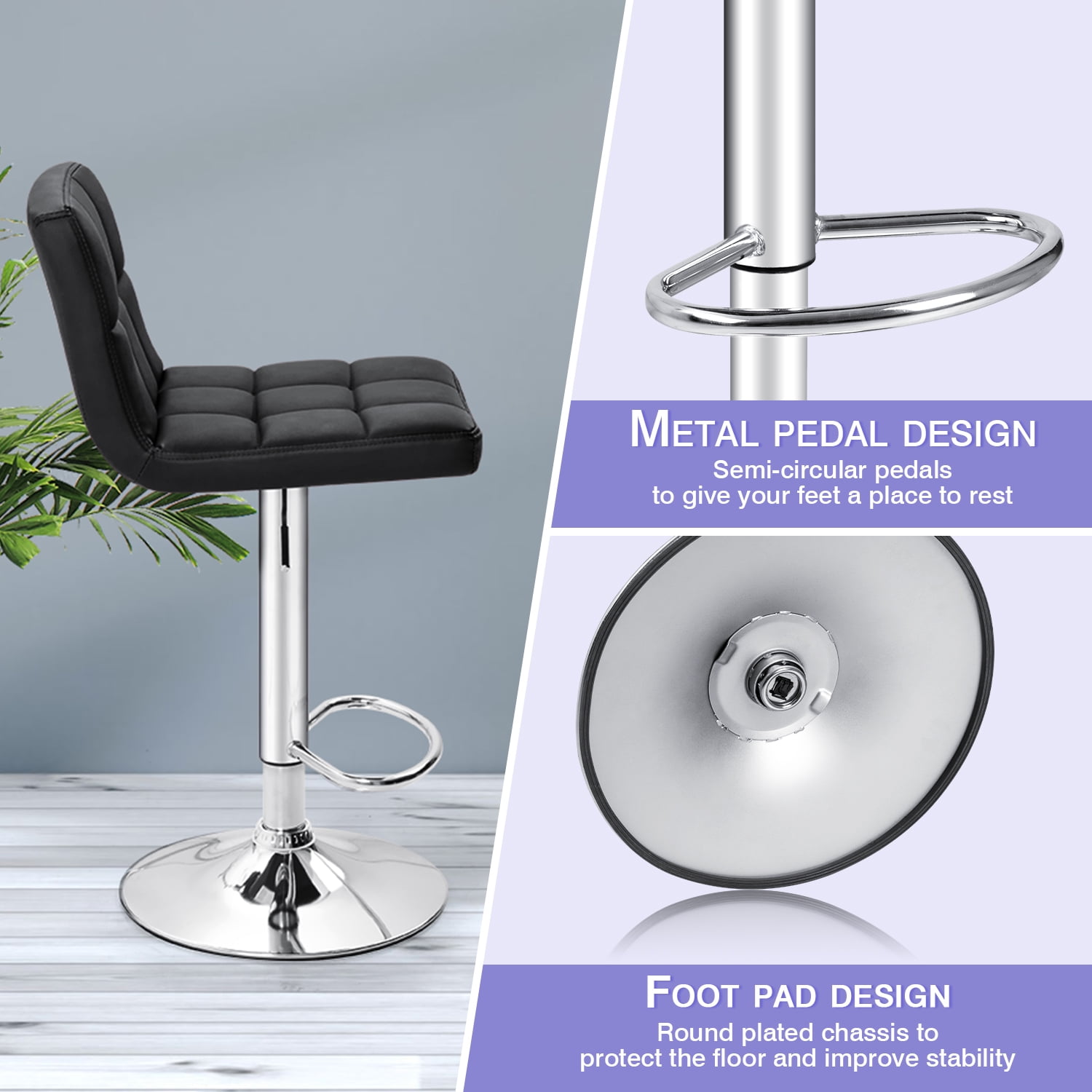 Vineego Modern Square PU Leather Swivel Adjustable Bar Stool, Set of 2, Bar Stool for Kitchen Counter,Black