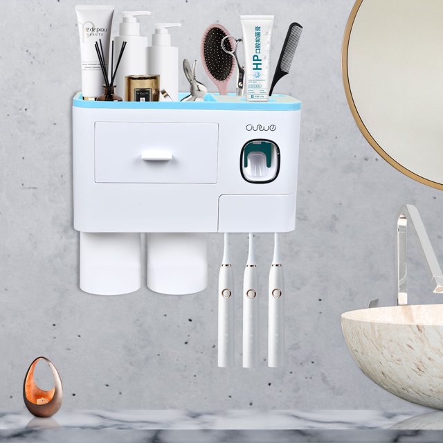 Wall Mounted Toothbrush Holder for Bathroom, Automatic Toothpaste Dispenser Kit with Magnetic Cups Kids & Family Set Toothbrush Holders, Storage Rack & Easy Install, Durable Space-Saving,Blue
