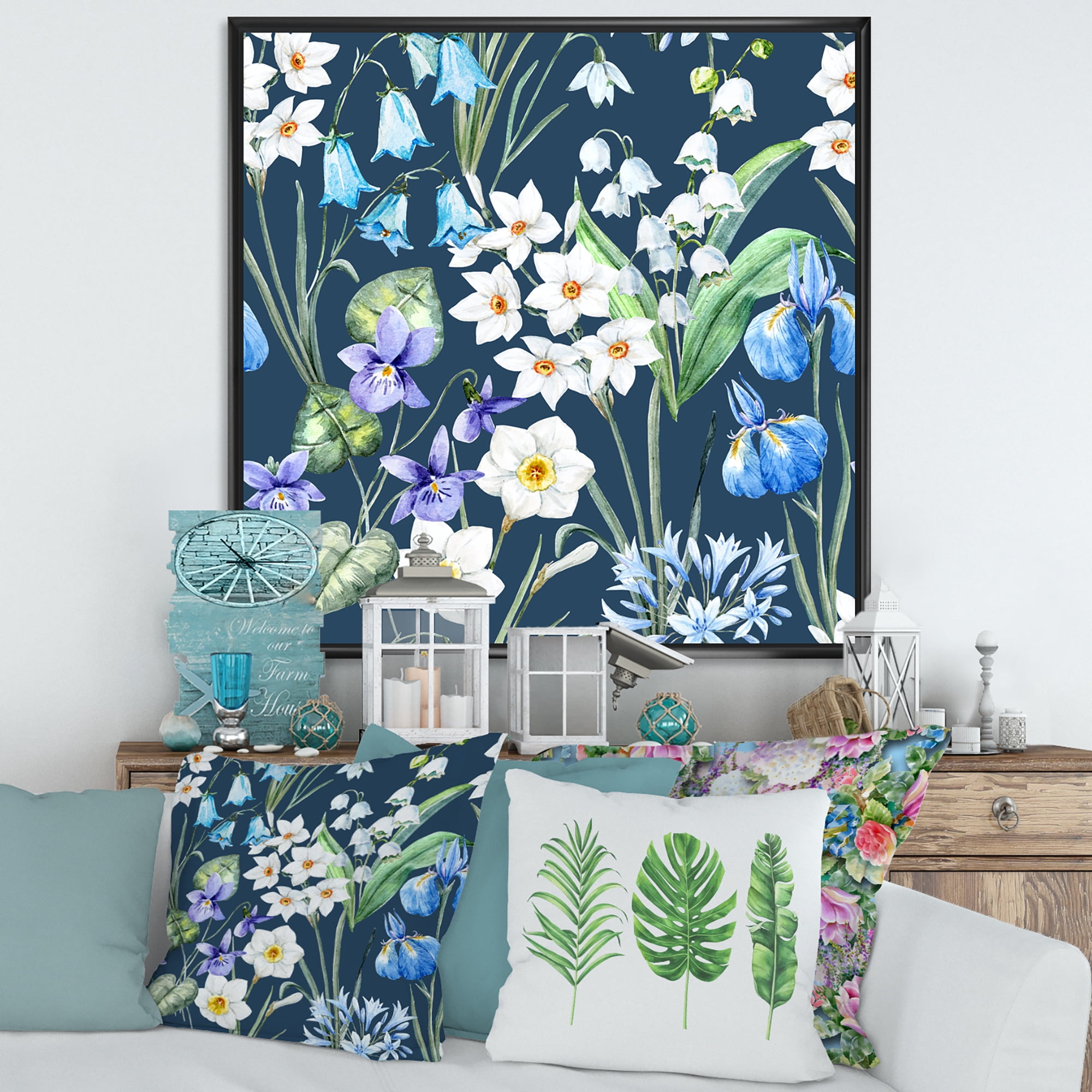 Designart 'Blue and White Spring Flowers On Dark Blue' Traditional Framed Canvas Wall Art Print