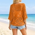 thumbnail image 4 of Women's Beige Crochet Top with V Neck Summer Crochet Long Sleeve Sexy Tops Cover Cruise Outfit, 4 of 5