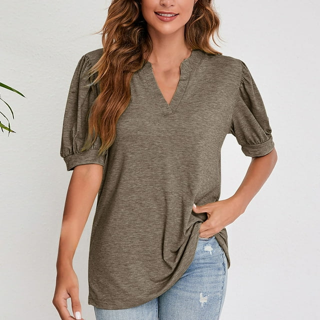 Fiudx Camisas para Mujer Camiseta Holgada de Manga Sólida con Cuello En V para Mujer, Top/Camisa de Manga Corta con Cuello En V