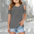 thumbnail image 2 of BOOMNY Girls T Shirts Short Sleeve Shirts Solid Color Crew Neck Off Shoulder Cool Breathable Tee Leisure Girl's Summer Clothing 9-10 Years, 2 of 5