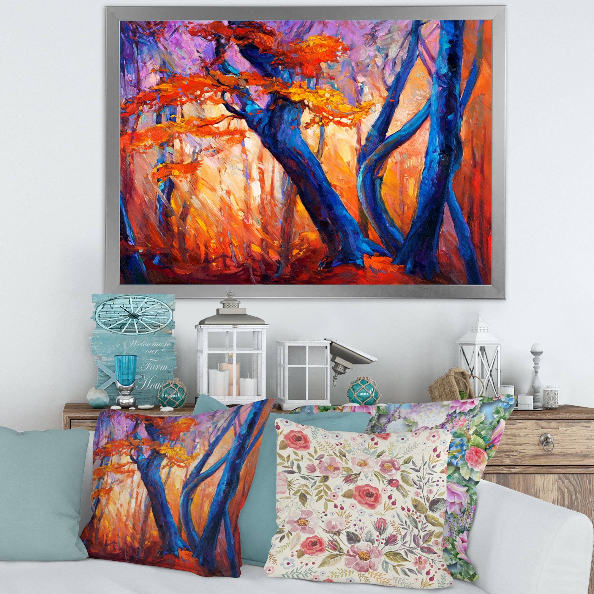 Designart 'Abstract Blue Silhouettes Of Trees In Orange Autumn Forest' Farmhouse Framed Art Print