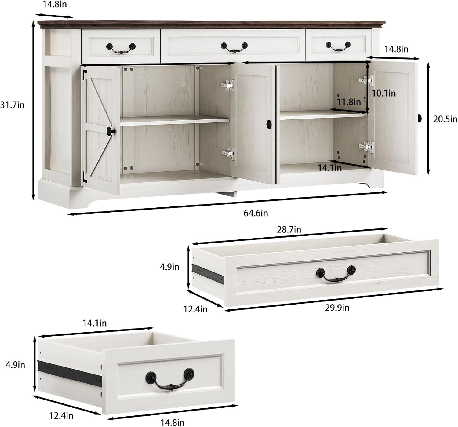Farmhouse Sideboard Buffet Cabinet with Storage, 64.6'' Large Kitchen Storage Cabinet with Barn Doors Drawers, Wood Coffee Bar Table for Dining Room Living Room, White & Brown