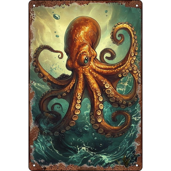 Vintage Metal Tin，Octopus Decor Vintage Metal Tin Signs Bathroom Wall Decor for Office Garage Home Pool Signage Bar Man Cave Kitchen Decorations 12x8 Inch，tin sign