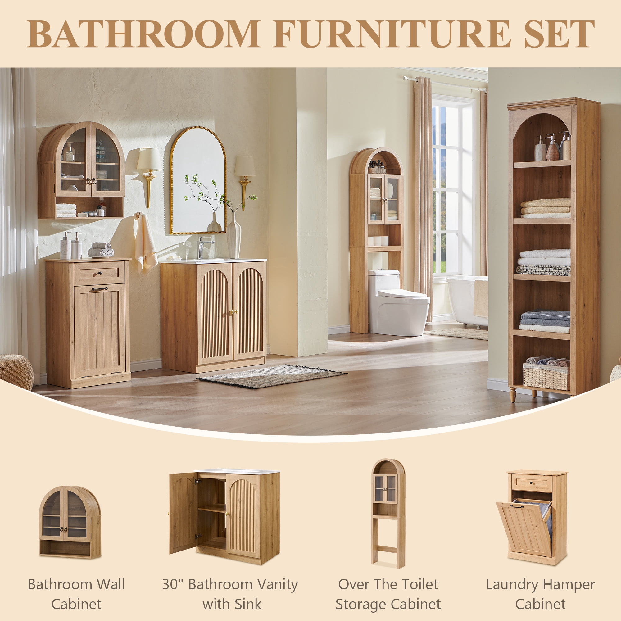SinCiDo 30 Inch Bathroom Vanity with Sink, Arched Bathroom Vanity Cabinet with Ceramic Basin, Modern Fluted Bathroom Vanity w/Adjustable Shelf