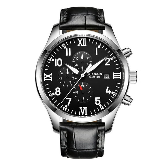 GUANQIN Men Analog Display Automatic Self-Winding Mechanical Stainless Steel and Leather Wrist Watch Chronograph Day Date Luminous Waterproof Clock Man Scratch-Resistant Sapphire Crystal Mirror