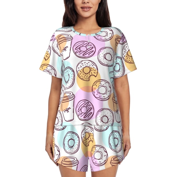 Fotbe Donuts and Coffee Conjunto de Pijama Estampado para Mujer, 2 Piezas, Ropa de Dormir con Camiseta de Manga Corta y Shorts Suaves-X-Large