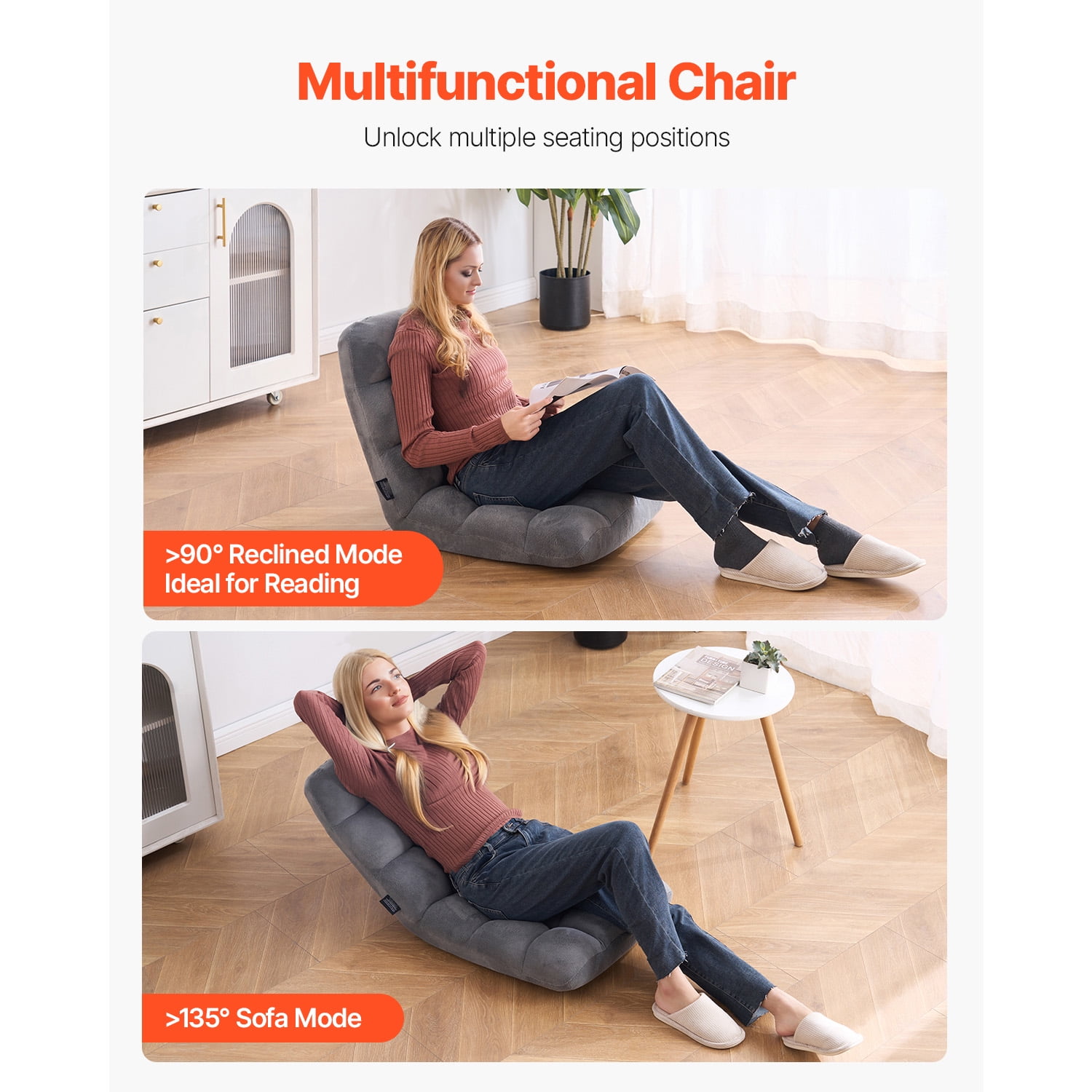 KFFKFF Floor Chair, Foldable Lounge Chair with 14-Position Adjustable, Lumbar Support, Reading Chair Perfect for Sleep, Reading, Gaming, Gray