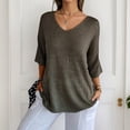 thumbnail image 2 of XAOFW Women's Sweater Solid Color 3/4 Sleeve V Neck Sweaters Everyday Wear Slim Fit Knitted Pullover Holiday Vacation Stylish Cozy Knitting Top, 2 of 5