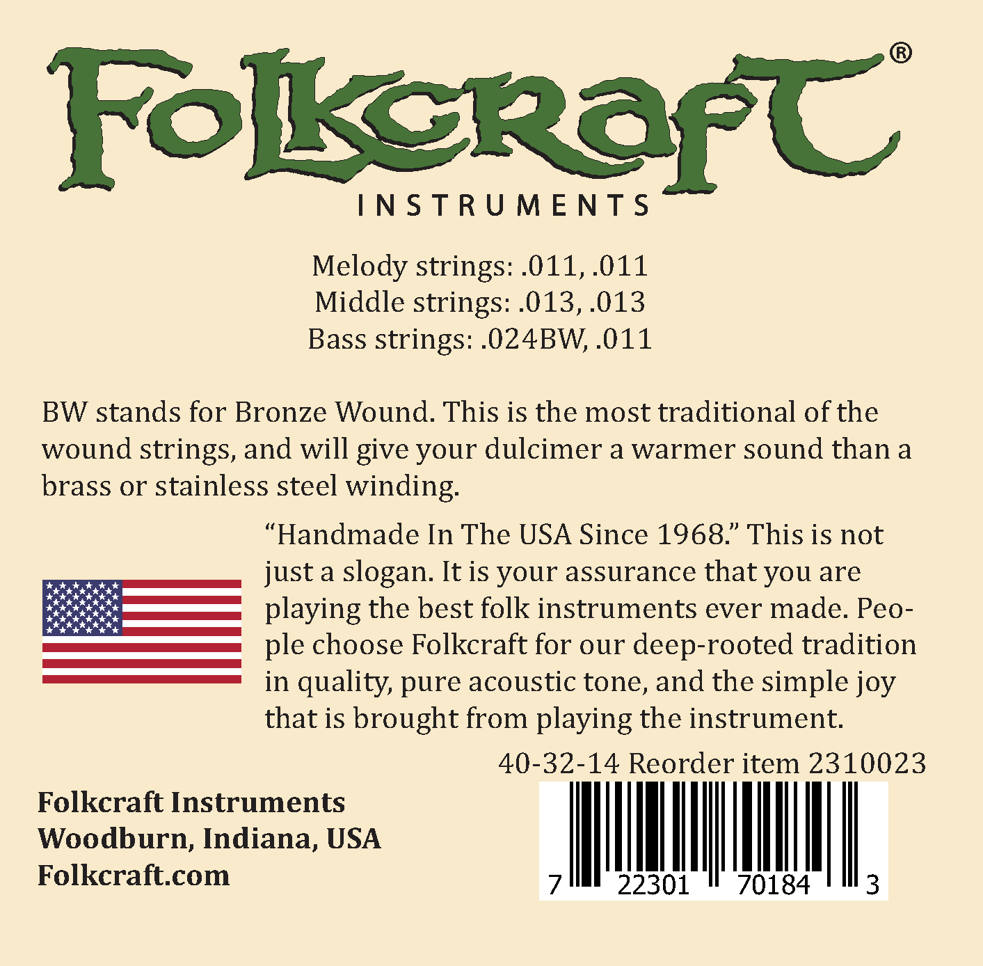 Folkcraft&reg; Mountain Dulcimer String Set, Six String, Loop Ends (.011" .011" .013" .013" .024BW" .011")