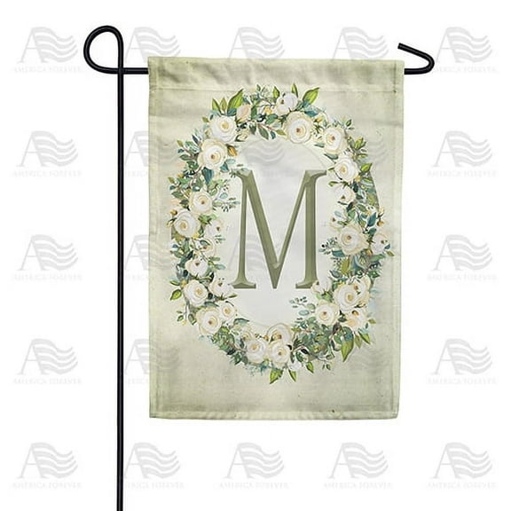 America Forever Spring Monogram Garden Flag Letter M 12.5 x 18 inches Double Sided Vertical Outdoor, Yard, Lawn, Beautiful Floral Wreath, White Flowers, Rose, Summer Themed Garden Flag