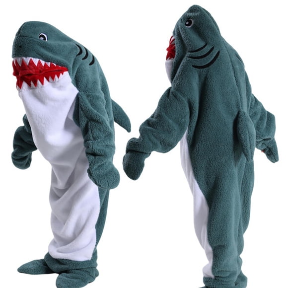 Shark Blanket Hoodie Onesie, Wearable Soft Flannel Snuggle Blanket for Adult Kids, M Size, Green