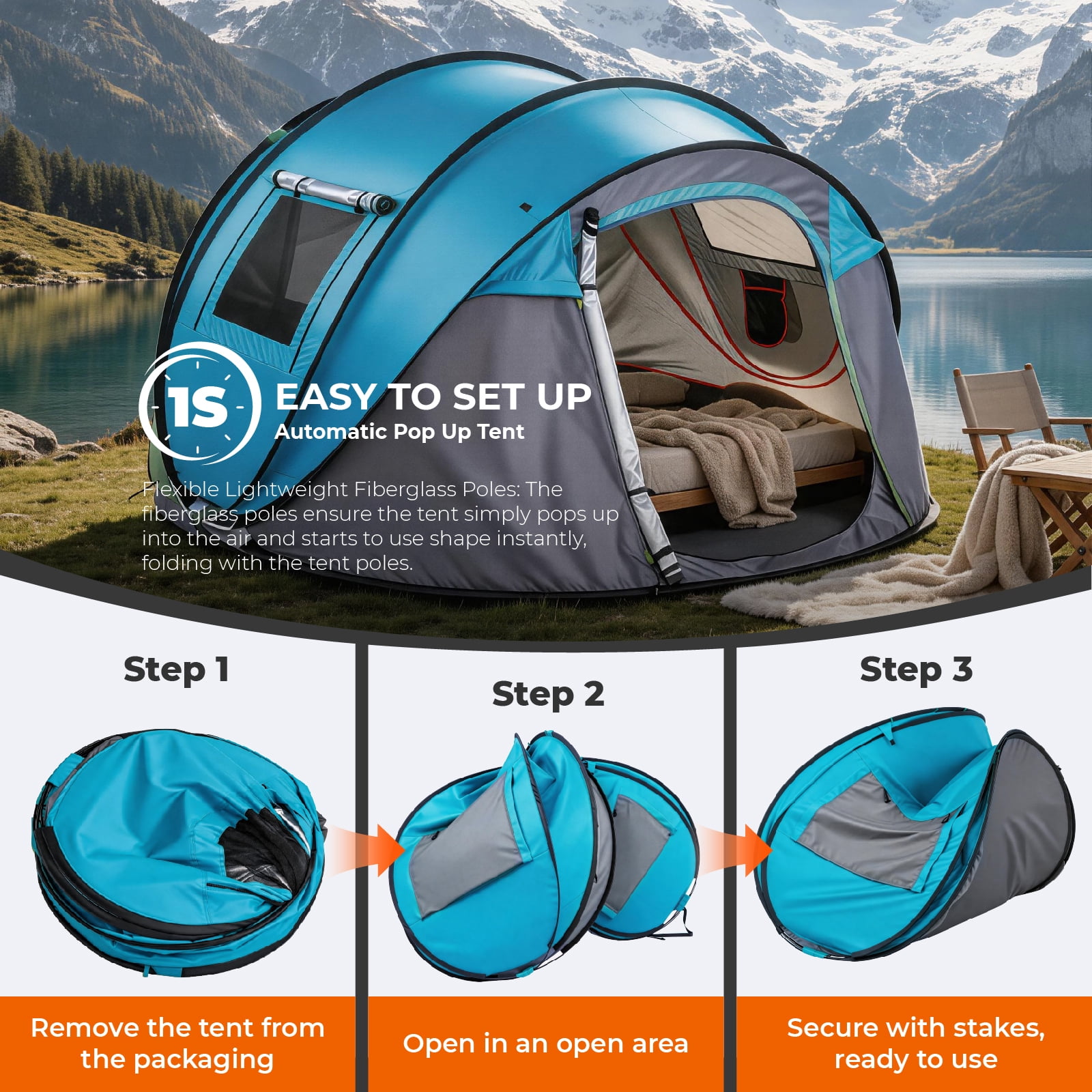 3-4 Person Instant Pop-Up Camping Tent, Waterproof 210T Polyester Tent with Front Awning, Dual Mesh Doors & Storage Pockets, Portable for Camping Beach Festival Backyard