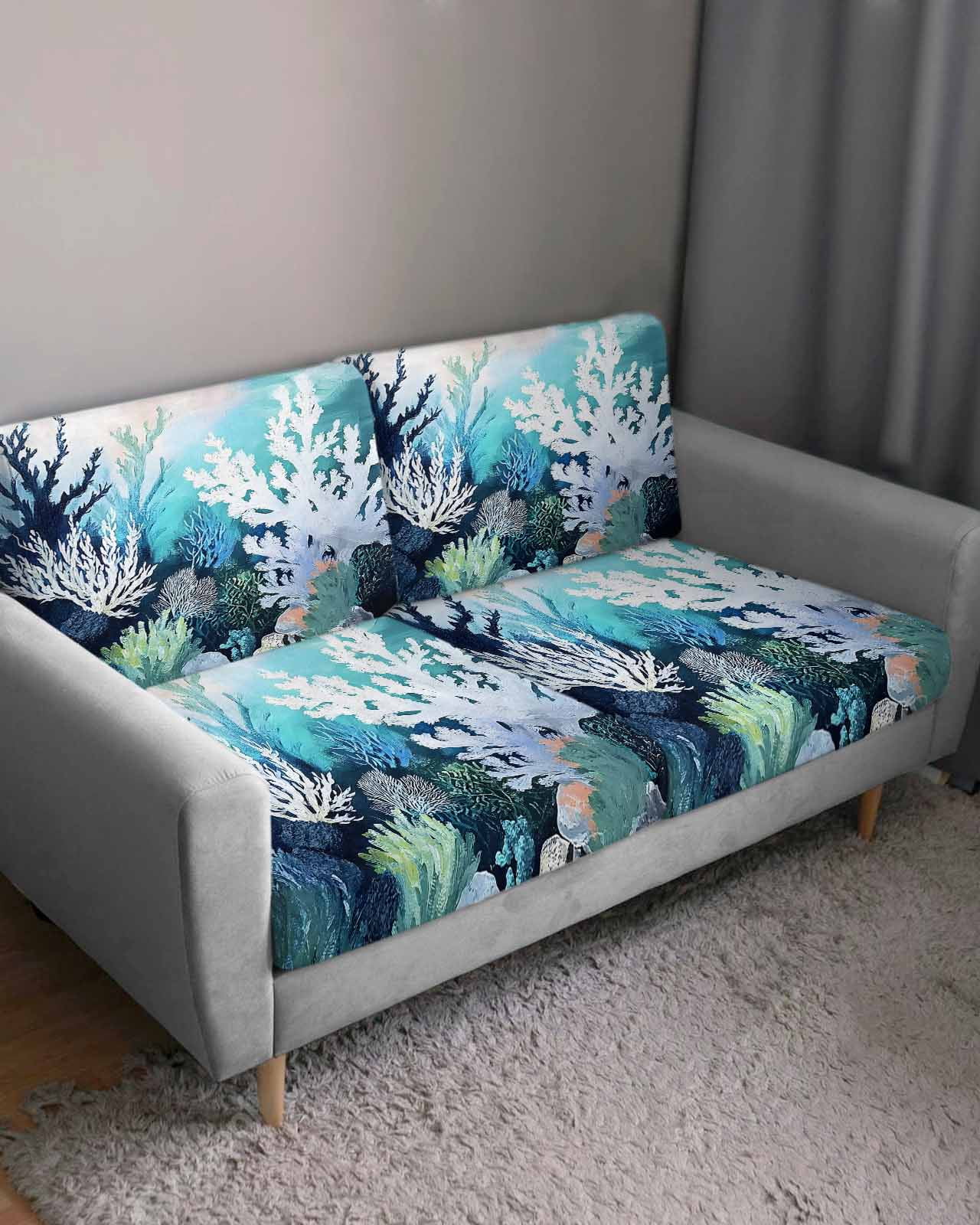 Coastal Ocean Couch Cushion Covers Stretch, Washable Sofa Seat Covers Individual Seat Cushion Sofa Slipcovers Summer Vintage Colorful Coral Couch Cover Furniture Protector S-1PCS