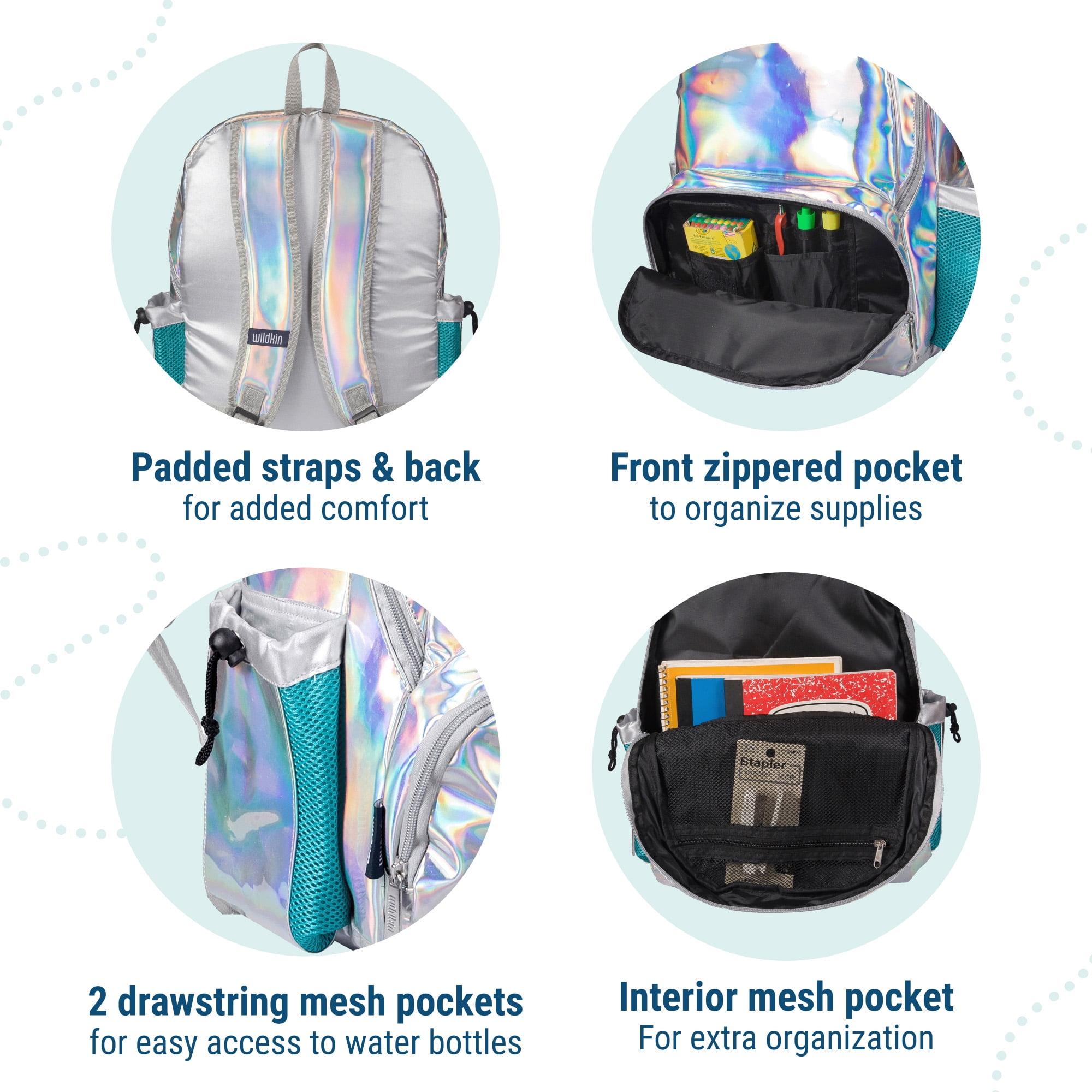 Wildkin Kids 17 Inch Backpack for Boys and Girls, Perfect for School and Travel (Holographic Silver)