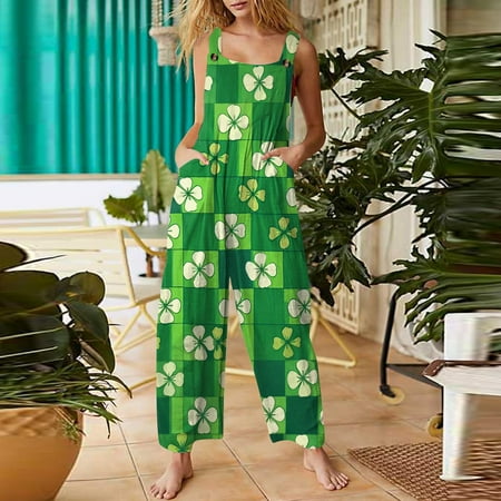 Workout Jumpsuits for Women  Women s Jumpsuits  Rompers & Overalls  Women Bodysuit  St Patricks Day Clothing  Women s Casual Jumpsuit Sleeveless St. Patrick s Day Printed Cotton Jumpsuit  Green