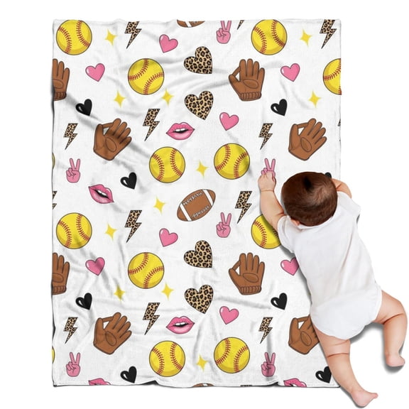 Colorful Softball and Fashion Icons Pattern Blanket,Comfortable Soft Lamb Wool Throw Blanket,All Season,Warm Lightweight Blankets for Sofa Bed Couch Living Room Chair,30"x40"