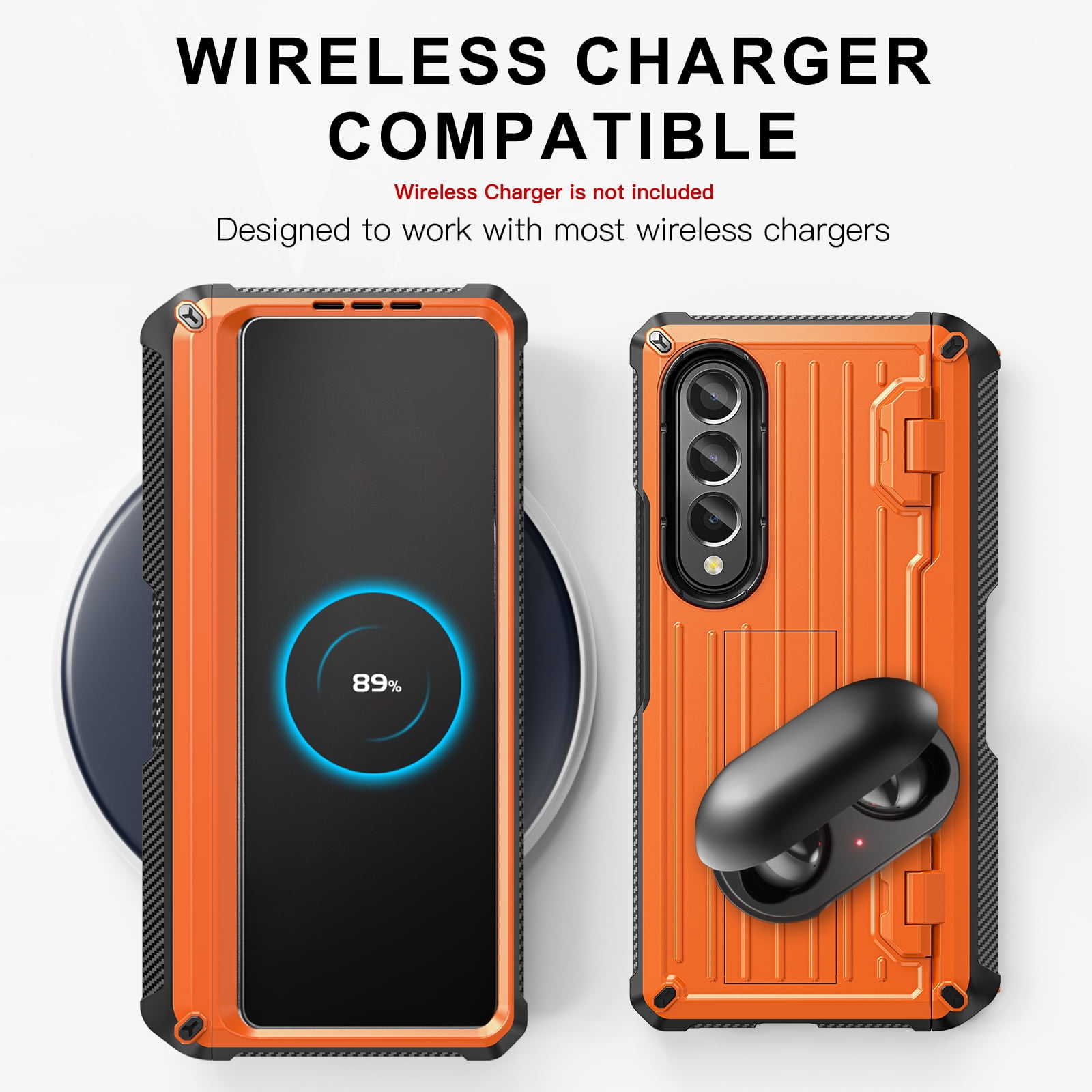 TECH CIRC Case for Samsung Galaxy Z Fold 4 Compatible with MagSafe, Heavy Duty Rugged PC Shockproof Hinge Protection Cover with Hidden Bracket Screen Protector S Pen Holder Galaxy Z Fold 4 Case,Orange