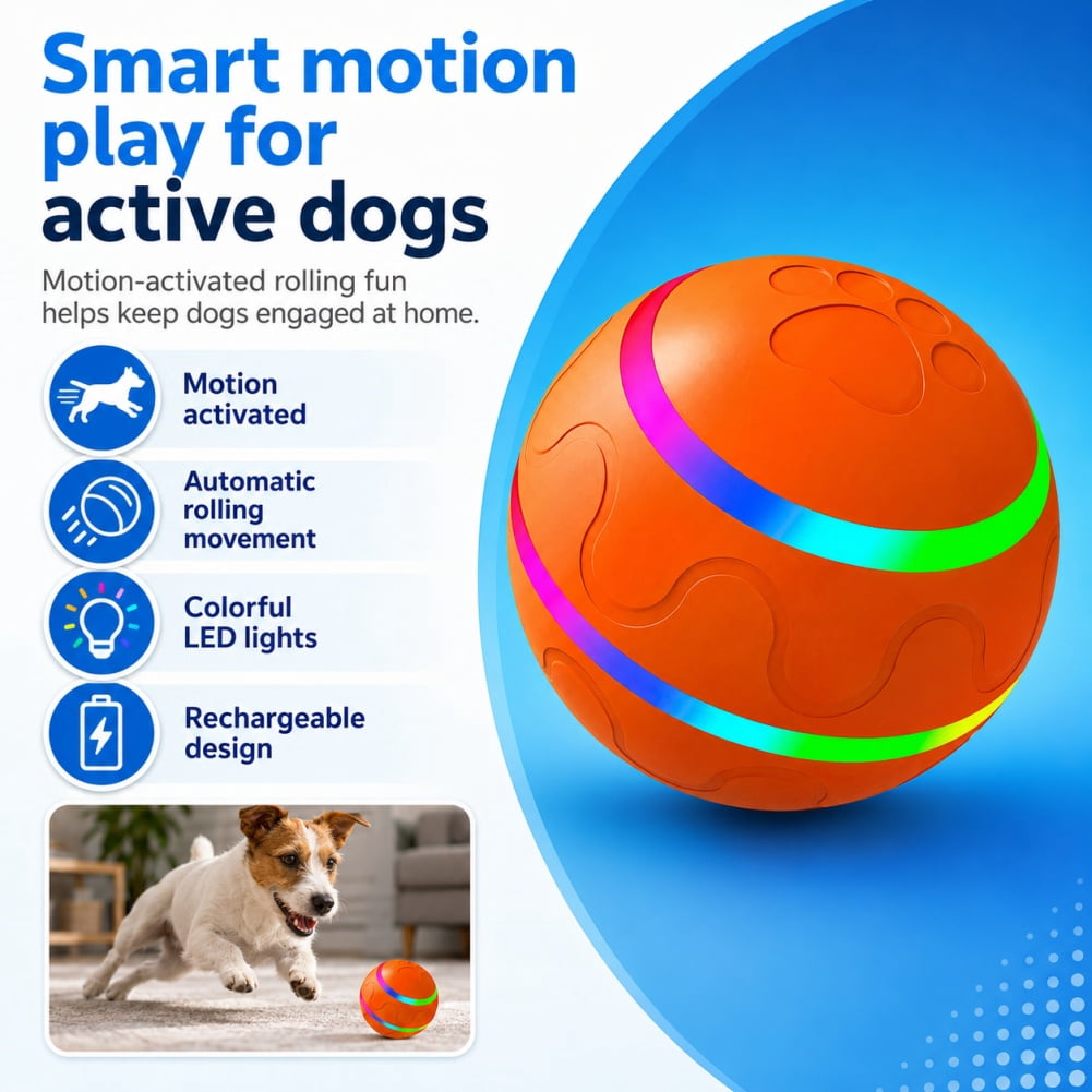 Bork Ball Disco For Dogs,Interactive Motion-Activated Moving & Bouncing Ball,Rotating Dog Toy With Glow-In-The-Dark Design For Puppies, Indoor & Outdoor Play