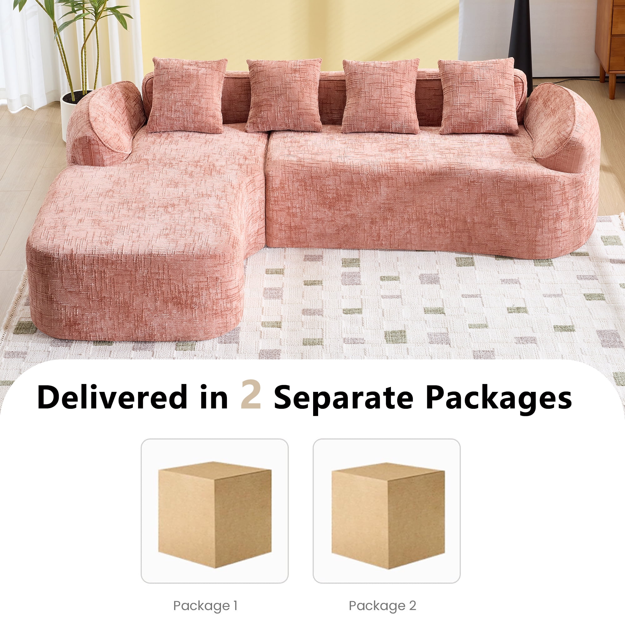 L-Shaped Sectional, Compressed Sofa with Chenille Fabric and Sponge Spring Support, No Assembly Couch for Living Room, 101" x 67" Pink